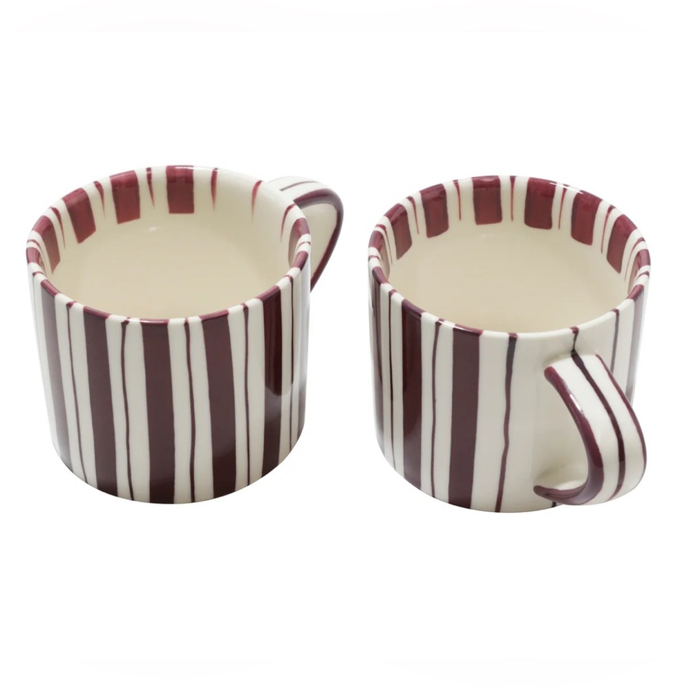 Noon & Moon Cherry Lacquer Striped Ceramic Mugs Set Of 2 With Gift Box